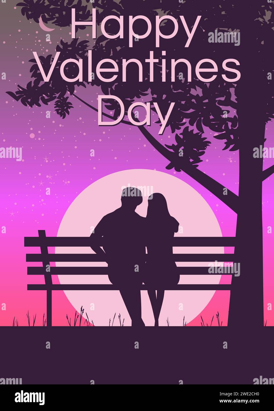 Silhouette loving couple on the bench at night. Happy Valentines Day ...
