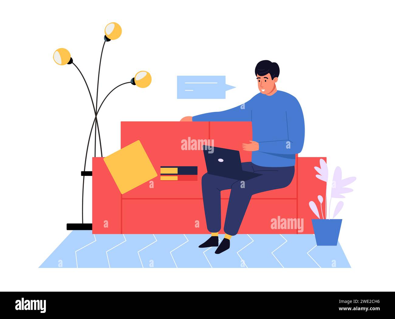 Man working online with laptop. Worker staying home having distant job. Employee sitting on couch communicating Stock Vector