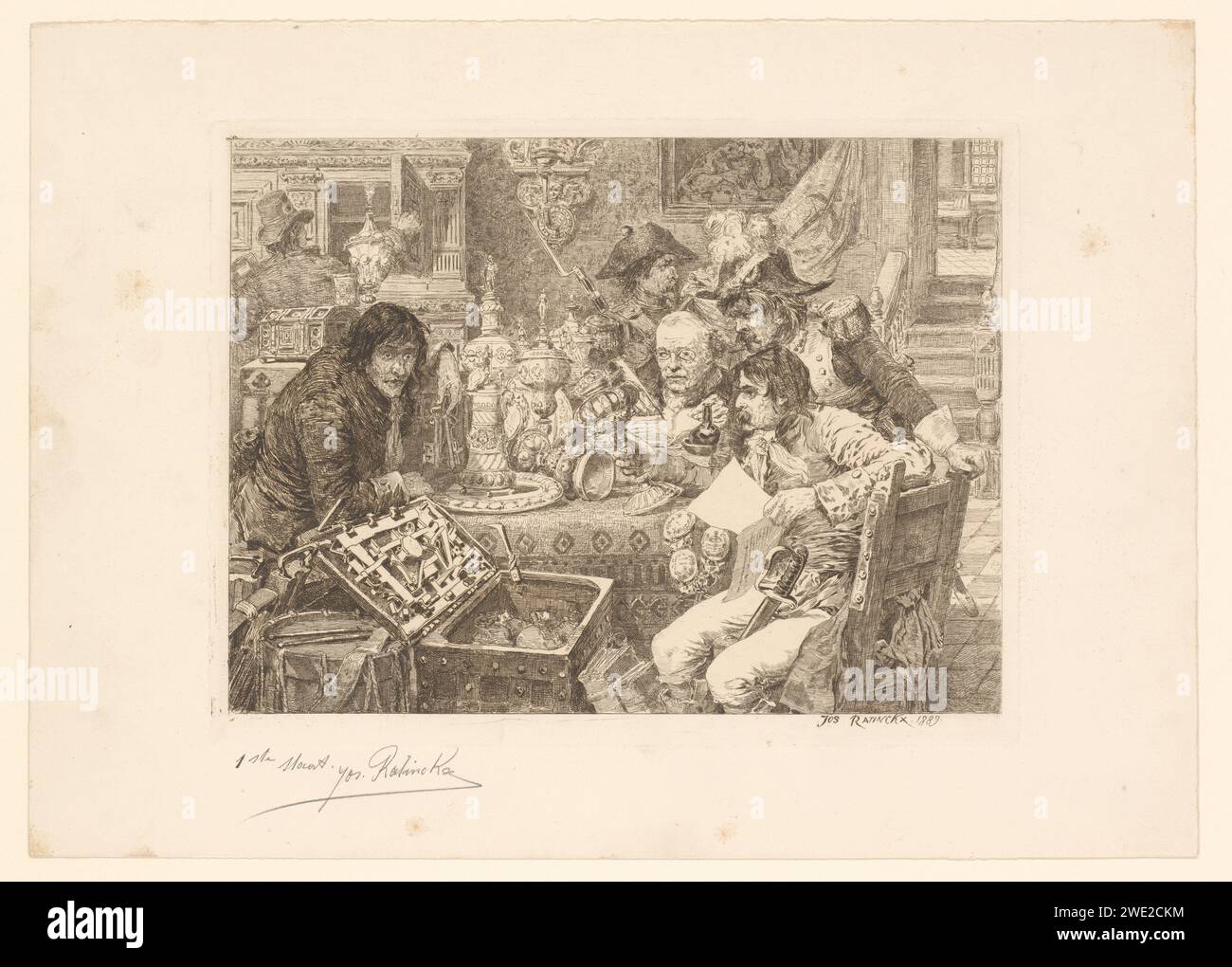 Six men in an interior viewing a table Richly Vaatwerk, Jos Ratinckx ...