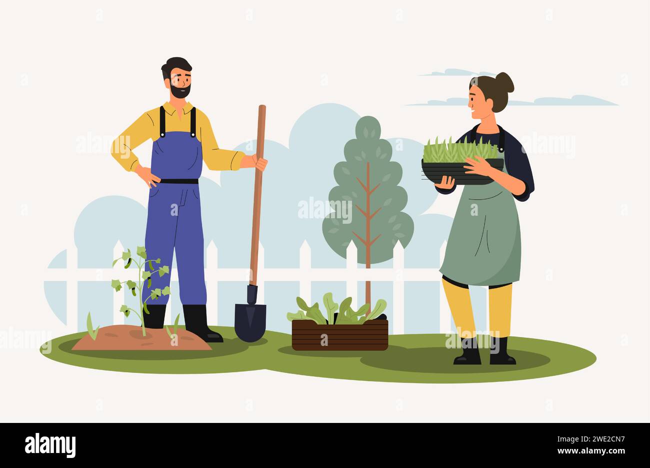 Agricultural employees working in garden with tools. Female and male characters growing vegetables Stock Vector