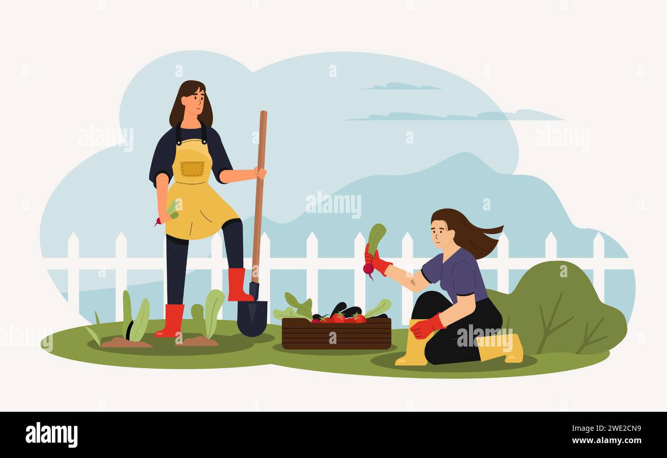 Agricultural employees working in garden. Woman planting radishes with shovel. Friend helping and giving vegetables Stock Vector