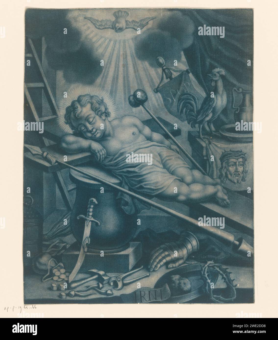 Christ child sleeping between the torture tools, Anonymous, Johann Christian Leopold (Possible), 1709 - 1755 print  Germany paper  sleeping; unconsciousness Stock Photo