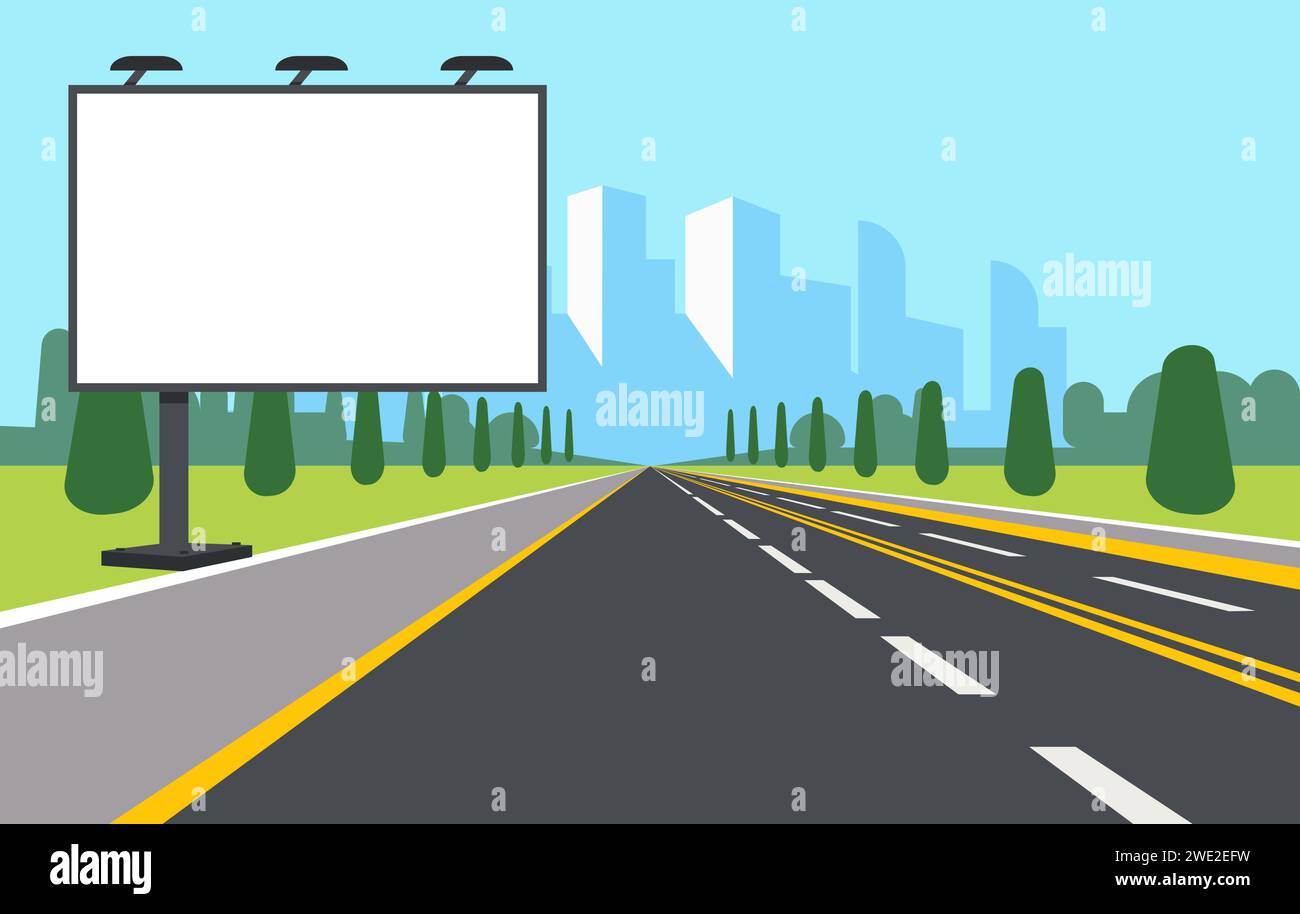 Big white banner by roadside. Road billboard. Urban building. Transport highway. Way to city. Downtown landscape. Information board. Advertising Stock Vector