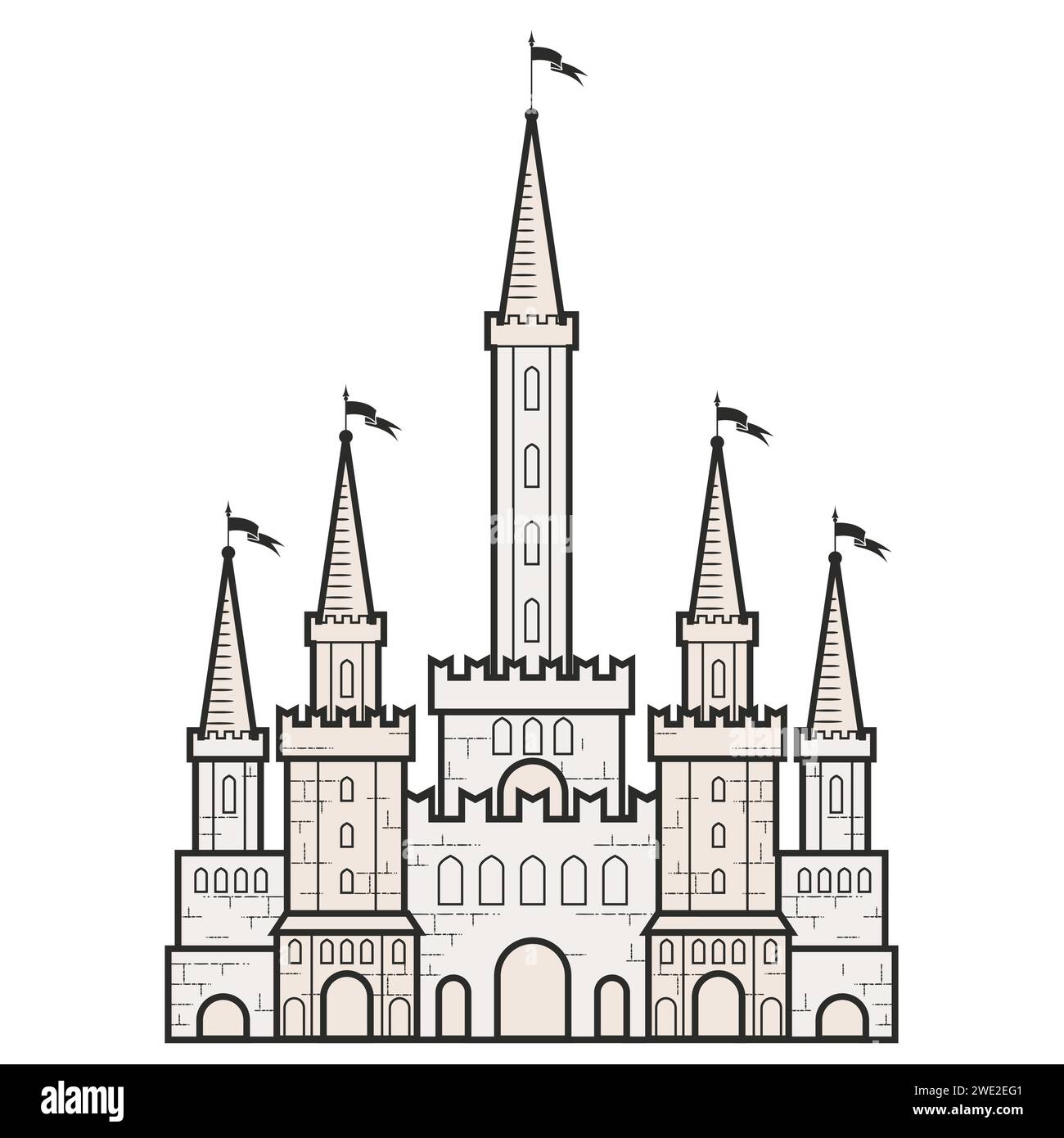 Medieval fairy-tale castle with towers in romanticism style, medieval cartoon citadel, vector Stock Vector