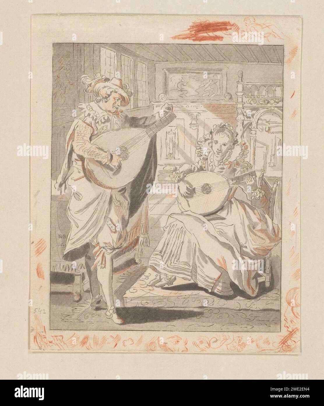 Luiten playing Lord and Dame, Bernhard Schreuder, After Karel van Mander (I), After David Vinckboons, 1772 - 1774 print Interior with a man and a woman who both play the lute. The print is loose in an album, see page 22. Amsterdam paper. chalk etching / drawing interior of the house. lute, and special forms of lute, e.g.: theorbo Stock Photo