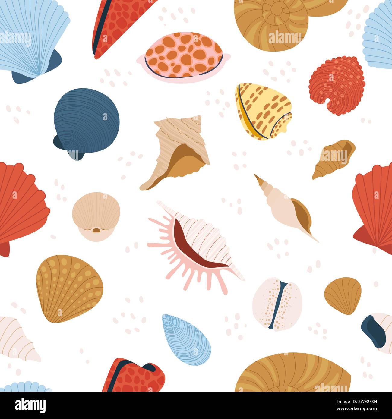 Seashell seamless pattern. Tropical and nautical elements. Ocean underwater conch or mollusk textile print Stock Vector