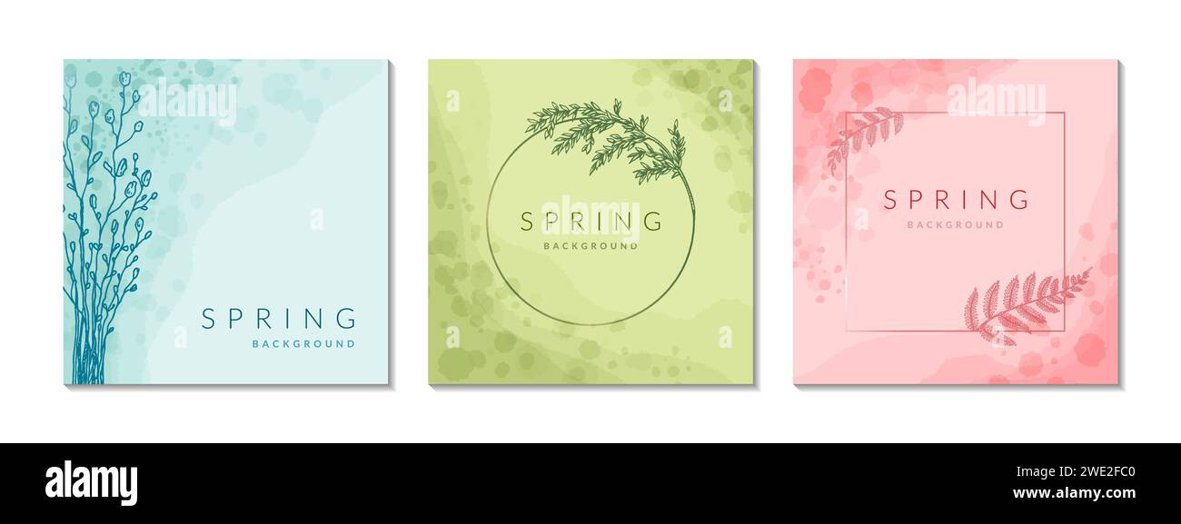 Set of spring watercolor backgrounds. Circle and square floral minimal frame. Flower plant elegant wreath. Wedding, beauty, spa, jewellery salon, cosm Stock Vector