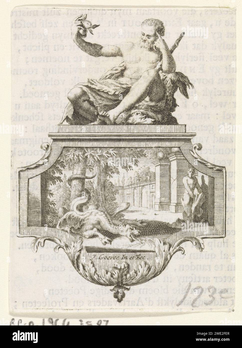 Cartouche with Hercules and Ladon, Jan Goeree, 1710 print In the Cartouche the garden of the Hesperides with the fire -breathing dragon Ladon that monitors the apple tree. Above Hercules with the stolen golden apples in his hand. Amsterdam paper engraving The golden apples of the Hesperides Stock Photo