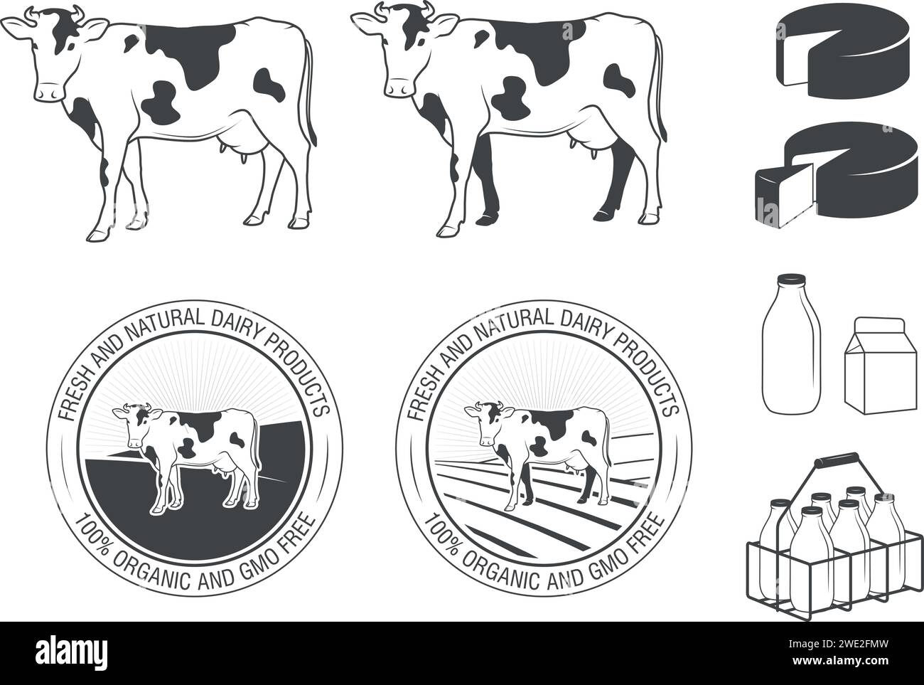 Milk, farm, cheese, dairy products emblems, badges, icons