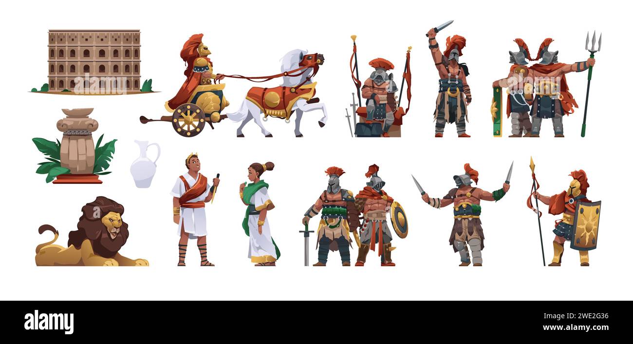 Ancient Rome citizens. Cartoon ancient roman man and woman, antique roman army and gladiator character in armor, persons in historic clothes. Vector Stock Vector