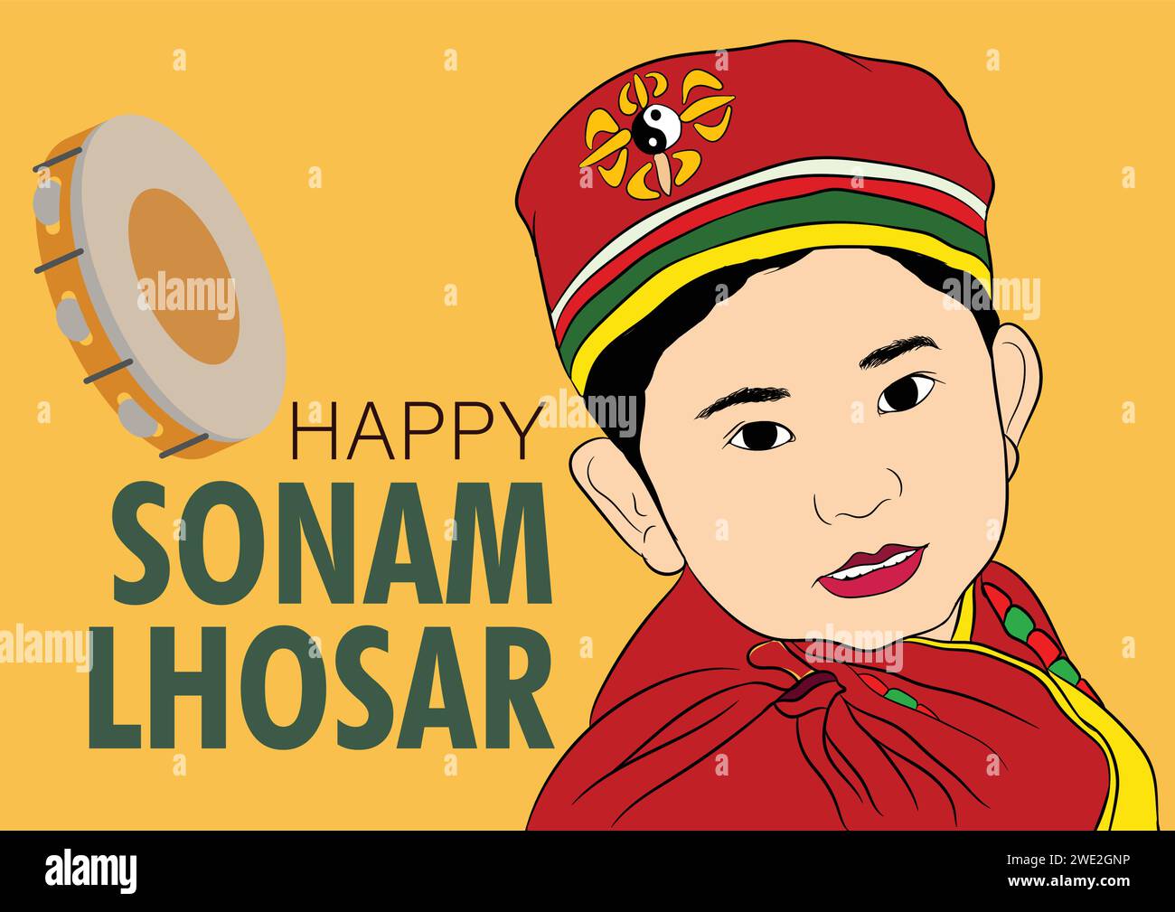 Vector illustration Happy Sonam Losar, Tibetan New Year festival with tibetan child and dafli on peach color background. happy sonam losar, sonam los Stock Vector