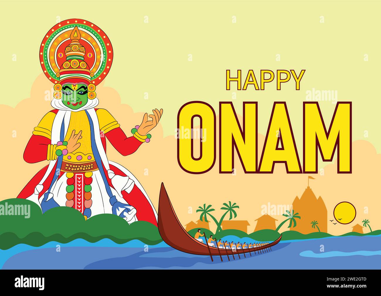 Vector illustration poster of 'Happy Onam' festival with kerala snake boat race and Kathakali dancer. onam, onam image, happy onam, onam festival, ha Stock Vector