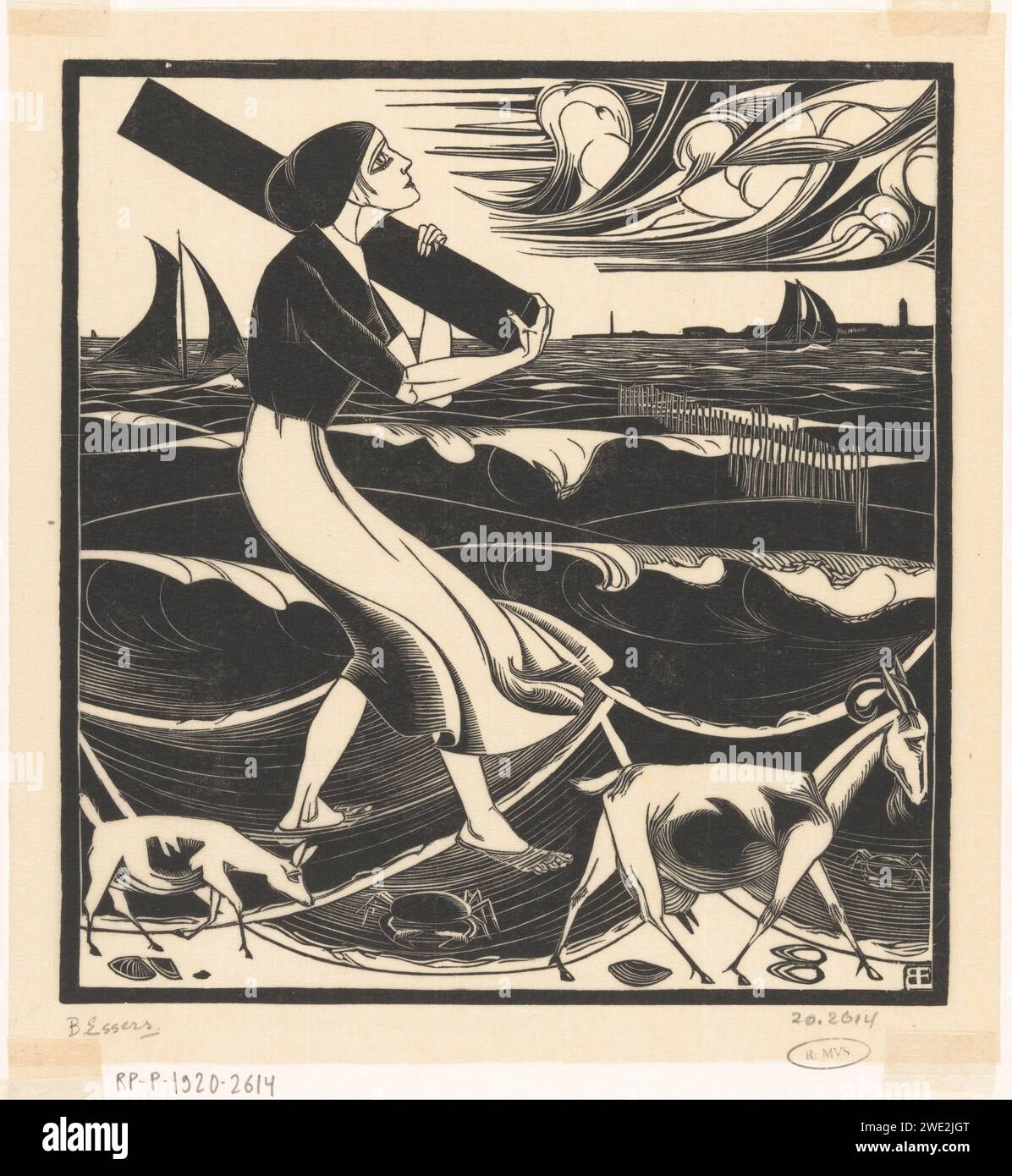 Strand, Bernard Essers, 1919 print A woman on the beach wears a cylindrical object on her shoulder. Next to her a goat, a goat and two crabs. A pole head and sailing ships in the water.  paper  beach. carrying something on the head or on the shoulders. goat Stock Photo