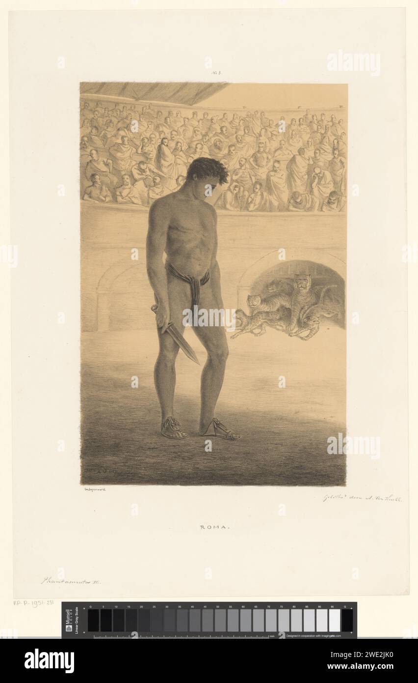 Gladiator in arena, Alexander Ver Huell, 1832 - 1897 print A gladiator with stab weapon in his hand looks at how the wild animals are released in the arena. There are spectators in the stands. Netherlands paper  fight between man and animal Stock Photo