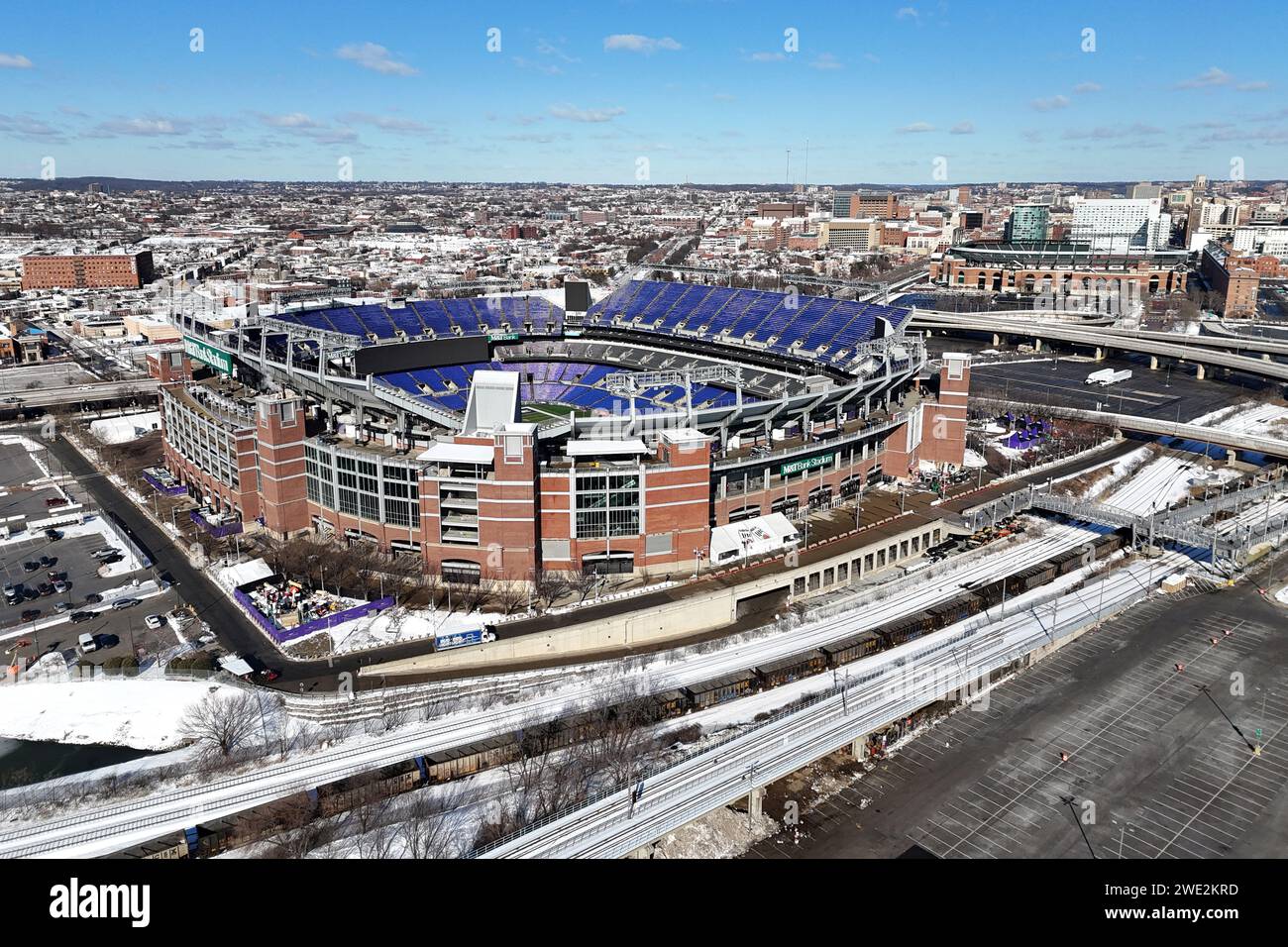 BALTIMORE, MARYLAND, JAN 21: A general overall aerial view of M&T Bank Stadium (left) and Oriole Park at Camden Yards on January 21, 2024 in Baltimore, Maryland. Stock Photo