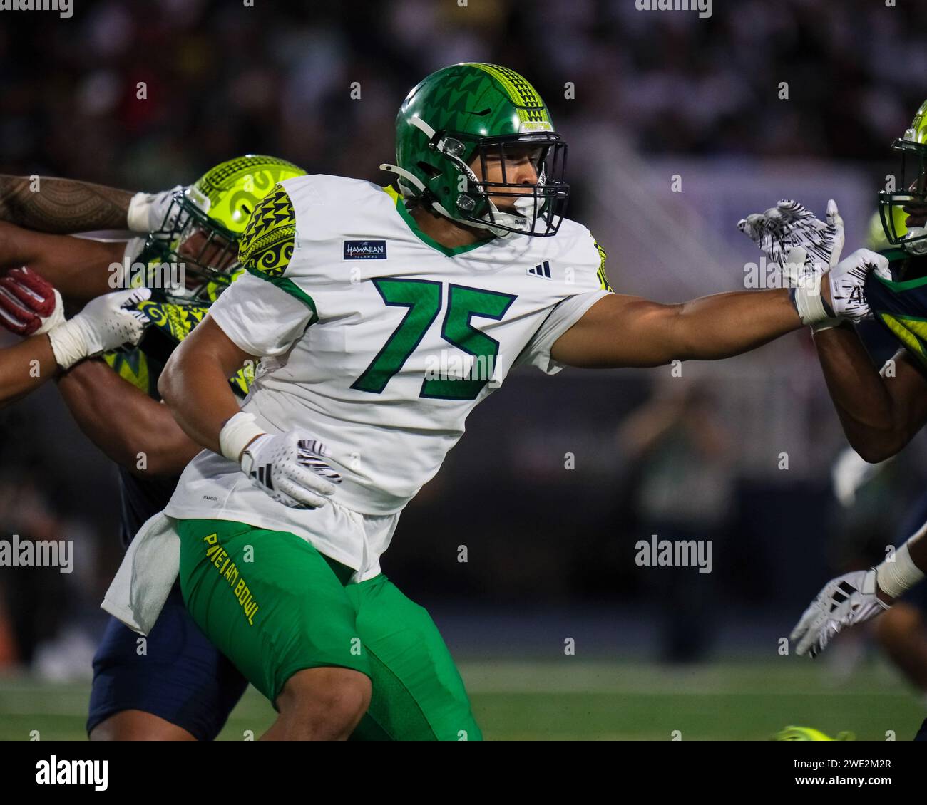Honolulu, Hawaii, USA. 19th Jan, 2024. Team Makua offensive lineman