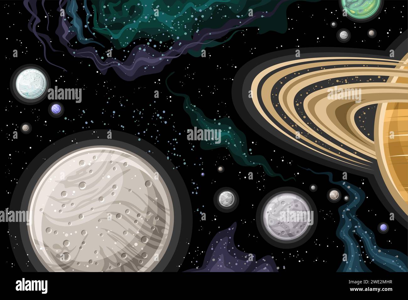 Vector Fantasy Space Chart, horizontal poster with illustration of  saturn moons, rotating around Saturn planet in deep space, decorative futuristic c Stock Vector
