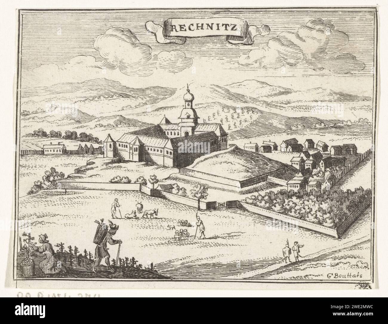 View of ReChneritz, Gaspar Bouttats, 1686 print View of the city of Rechnitz. In the foreground, outside the city walls, grapes are at work. A cartouche with the name of the city above the cityscape. Antwerp paper etching prospect of city, town panorama, silhouette of city Rechnitz Stock Photo