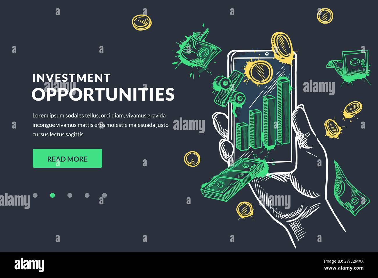 Investment, market trade, money financial online management concept. Hand drawn vector color chalk sketch illustration of mobile trading bank applicat Stock Vector