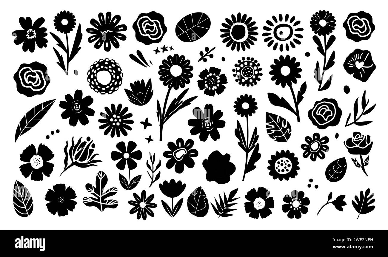 Silhouettes of hand drawn floral design elements Stock Vector Image ...