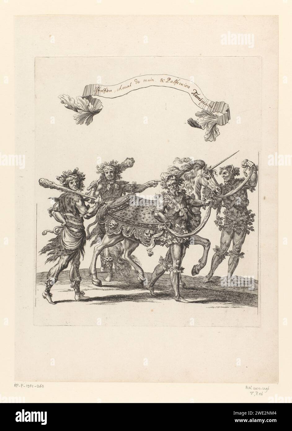 Foot servants and Palfrenier dressed as Wildeman, dressed with a horse as a unicorn, François Chauueau, 1670 print  print maker: Francepublisher: Paris paper etching festivities. tournament. horse. unicorn Stock Photo