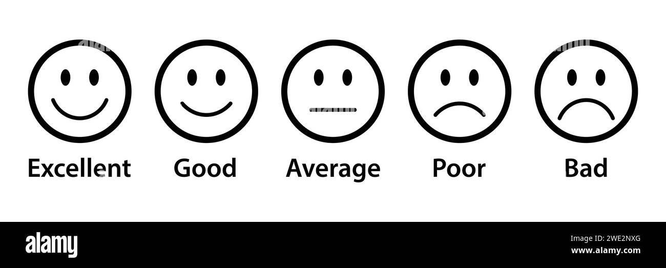 Rating emojis set in black with outline. Feedback emoticons collection. Excellent, good, average, poor and bad emojis. Flat icon set of rating emojis. Stock Vector