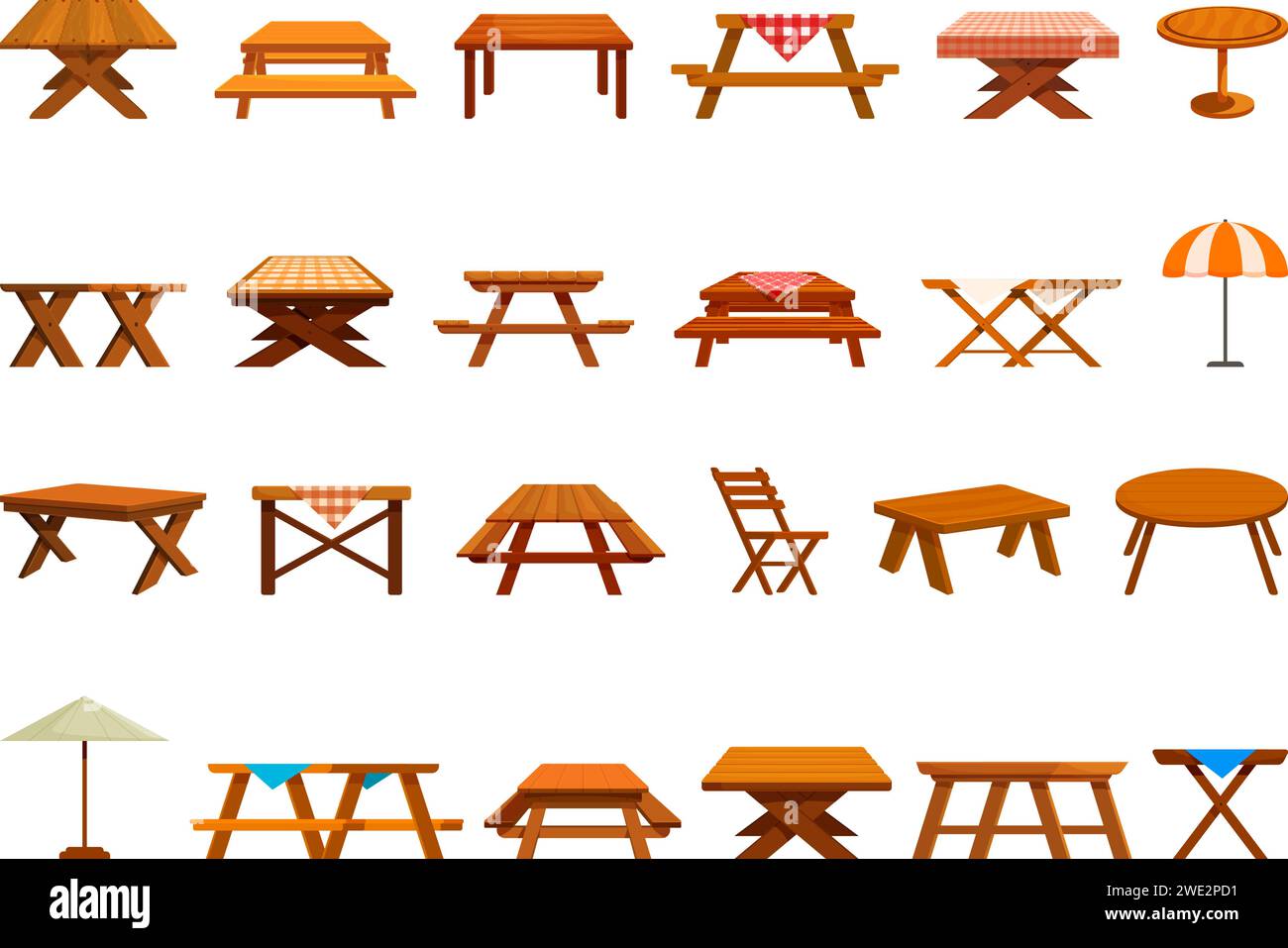 Wooden table picnic icons set cartoon vector. Empty garden. Park terrace Stock Vector