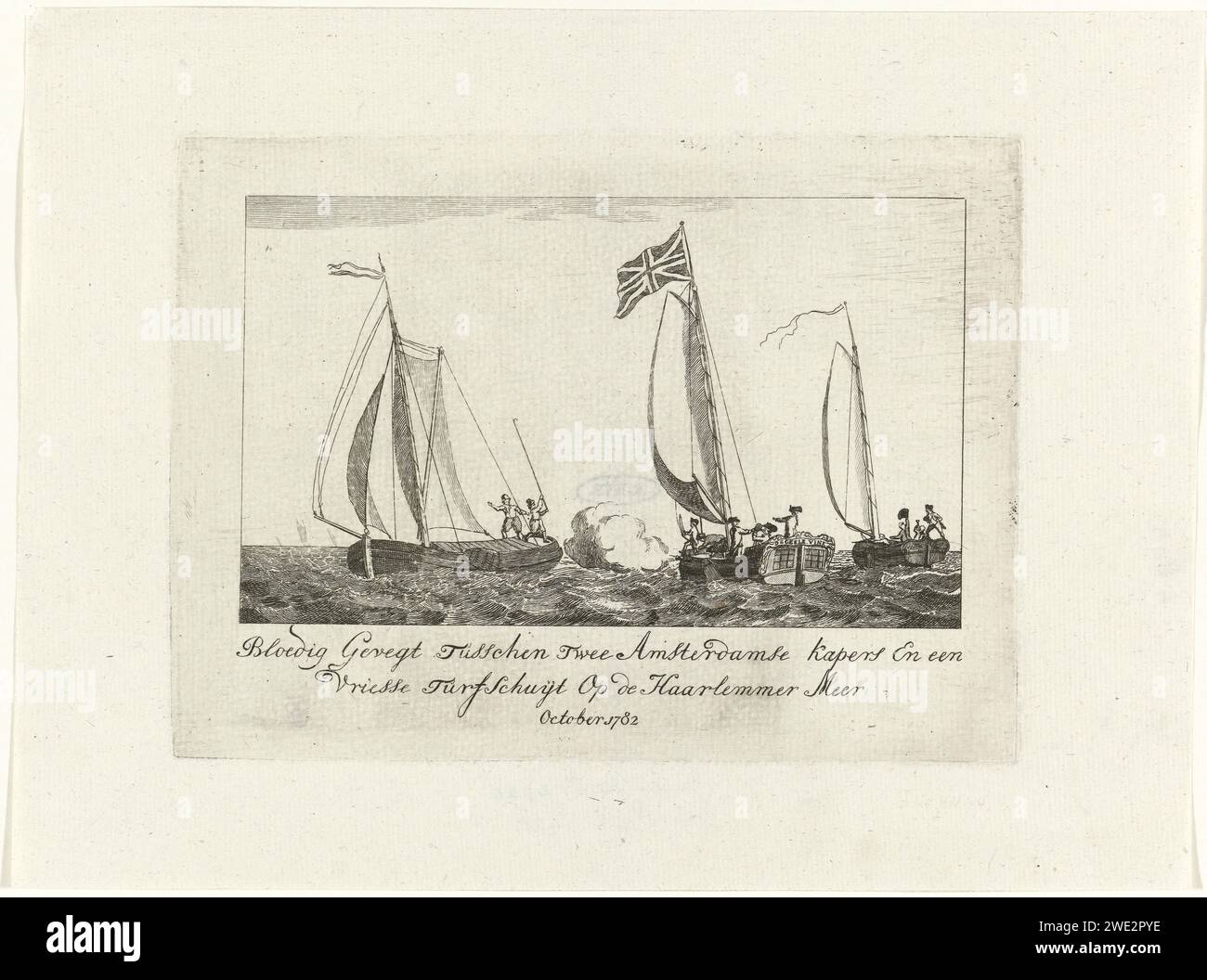 Attack of Amsterdam's loose bulbs on a Frisian Turfschip, 1782, Anonymous, 1782 print Attack committed by three Amsterdam loose bulbs (Geelvink, Van Welderen and Peterson) with their yacht the yellow tick on a Frisian Turfschip on the Haarlemmermeer, October 1782. The British flag was hoisted on the yacht. Northern Netherlands paper etching battle (+ naval force) Haarlemmermeer Stock Photo