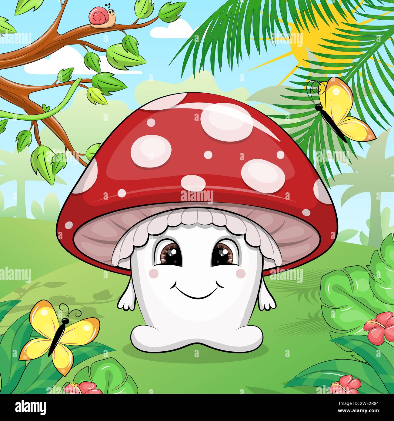 Cute cartoon red mushroom in the forest. Vector illustration with trees