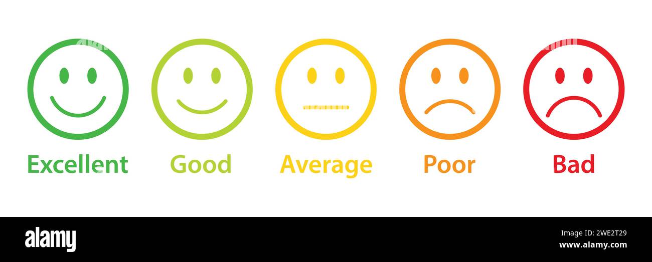 Rating emojis set in different colors outline. Feedback emoticons collection. Excellent, good, average, poor, bad emoji icons. Stock Vector
