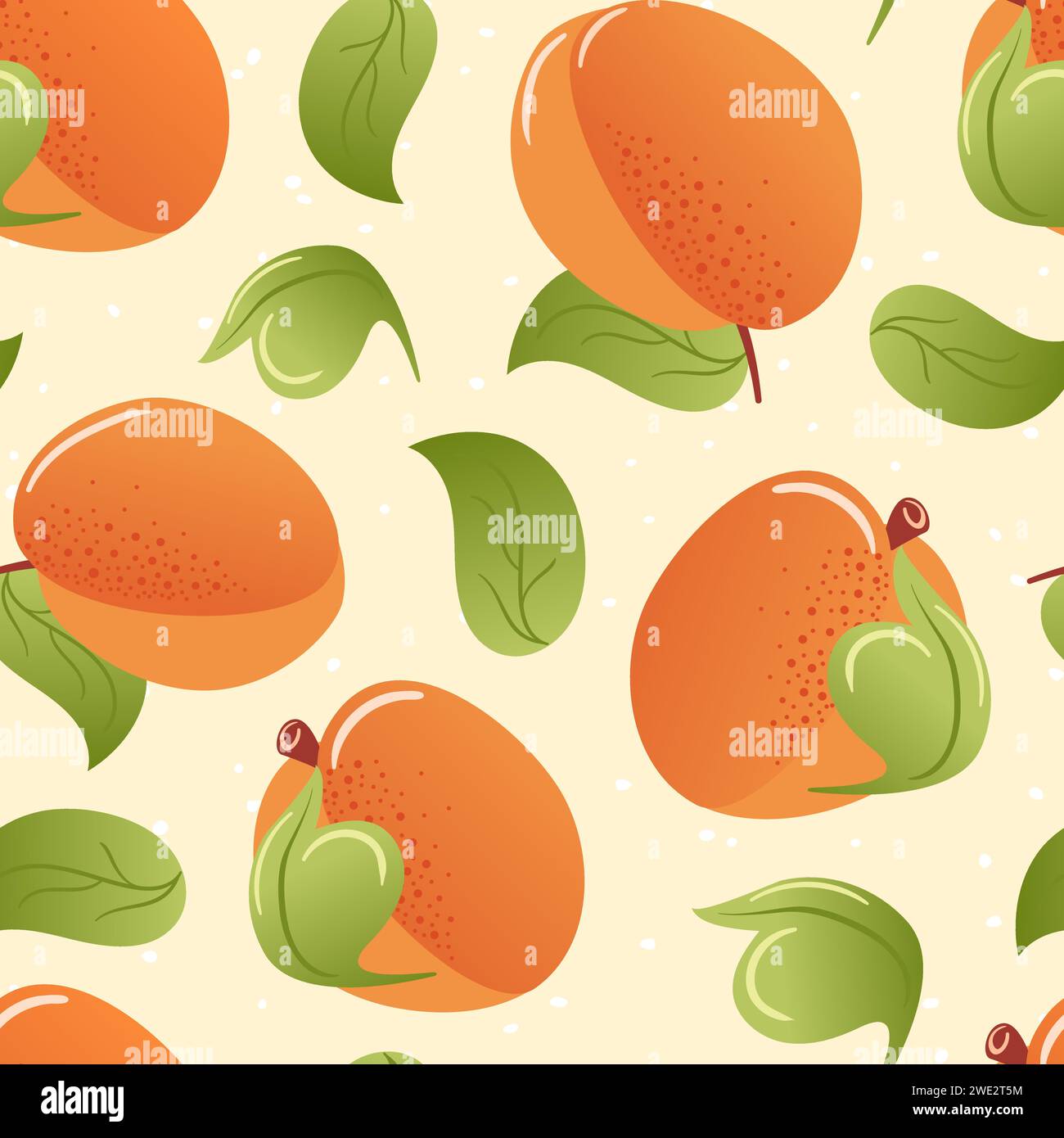 Peach summer seamless pattern in minimalistic style. Tropical exotic fruits, leaves. Healthy food. For menu, cafe, wallpaper, fabric background Stock Vector
