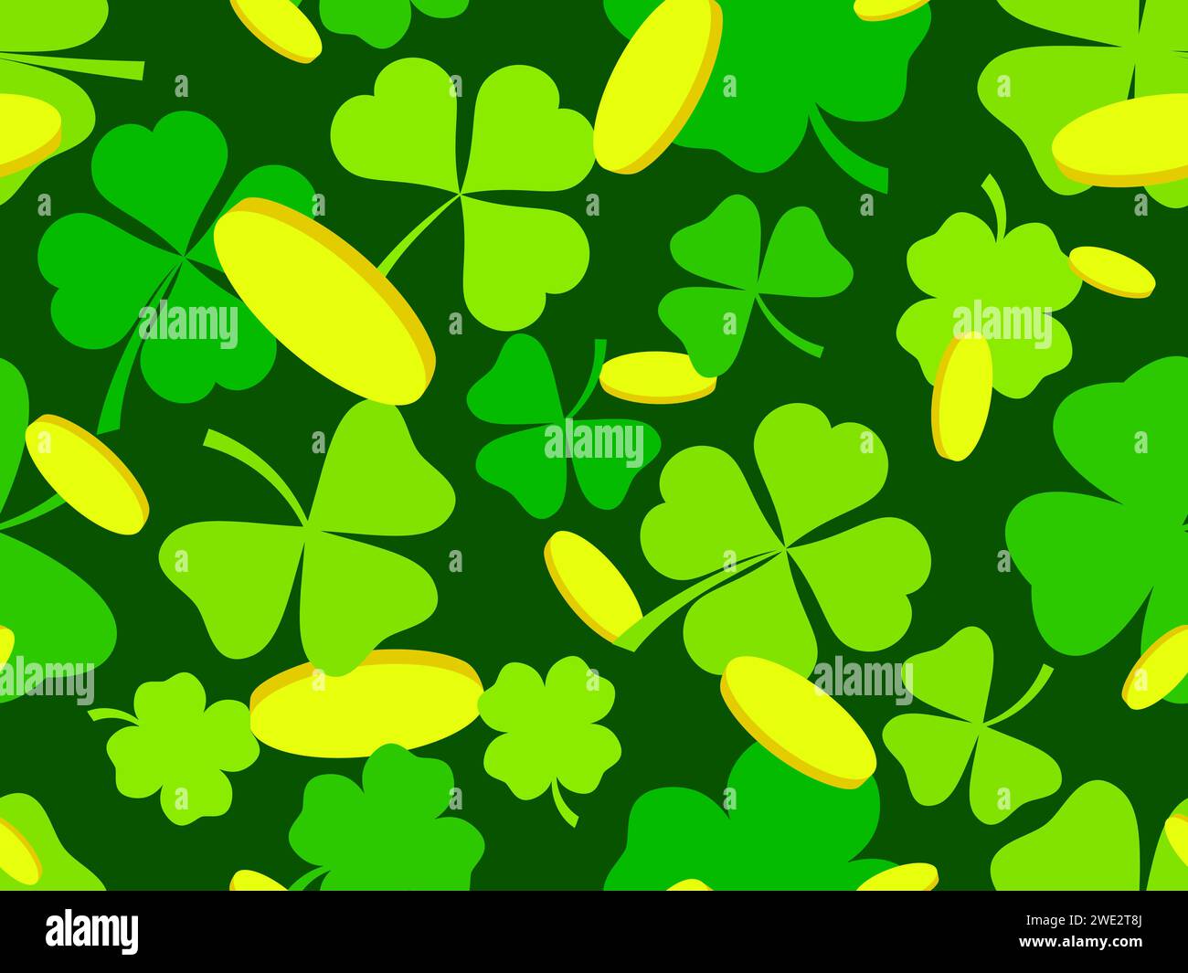 Seamless pattern with green clover leaves and gold coins for St ...
