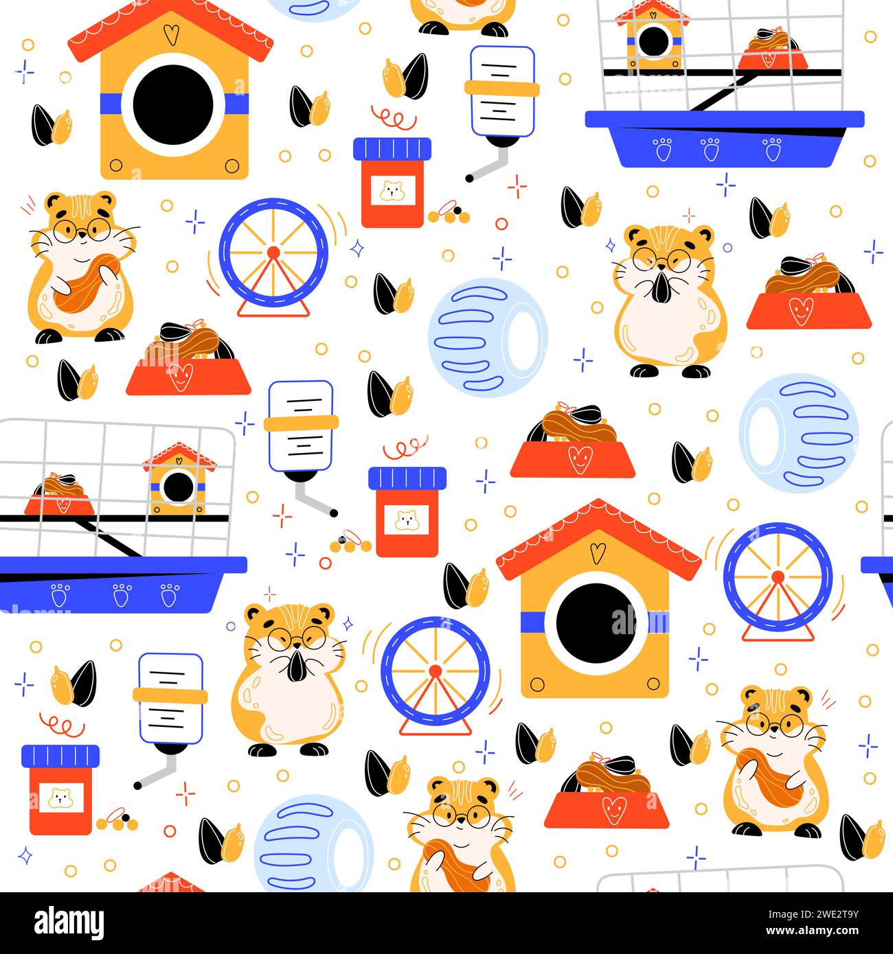 Seamless hamster pattern. Little animals. Pets cage with feeder and drinker. Running wheel ...