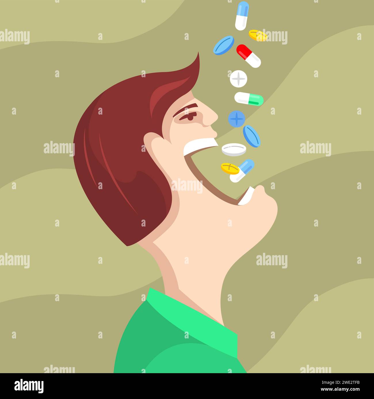 Man swallowing pills, taking the medicine, head of man with open mouth eating pills, vitamins and food additives, vector Stock Vector