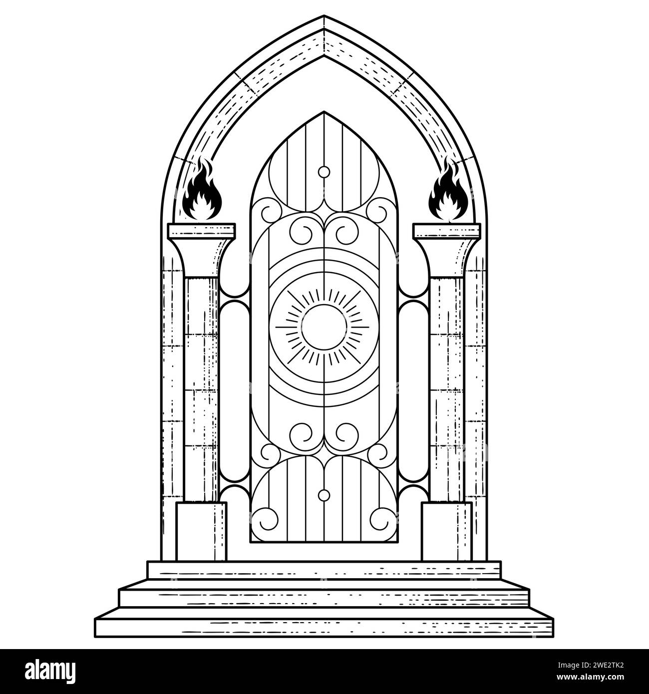 The gates of heaven with torches, portal to paradise, occult gateway of hell arch, vector Stock Vector