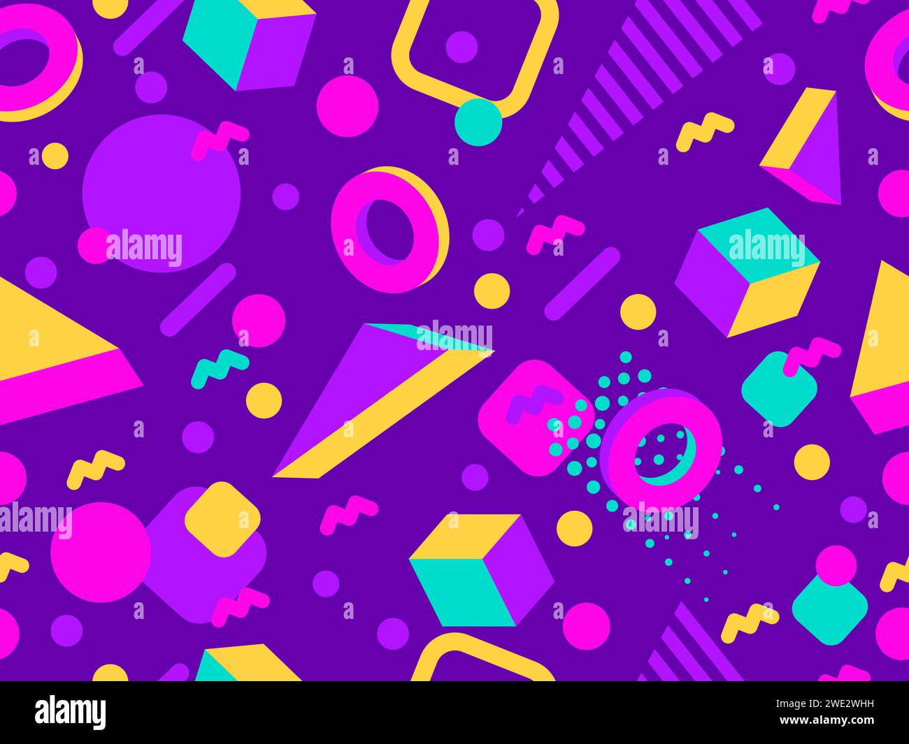Memphis seamless pattern with 3d geometric shapes in 80s style. Colorful geometric pattern with isometric 3d shapes. Design of promotional products, w Stock Vector
