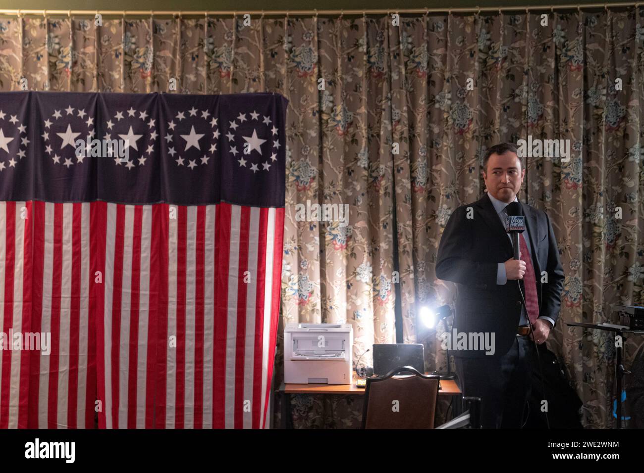 Dixville Notch, USA. 23rd Jan, 2024. A Fox News reporter awaits a