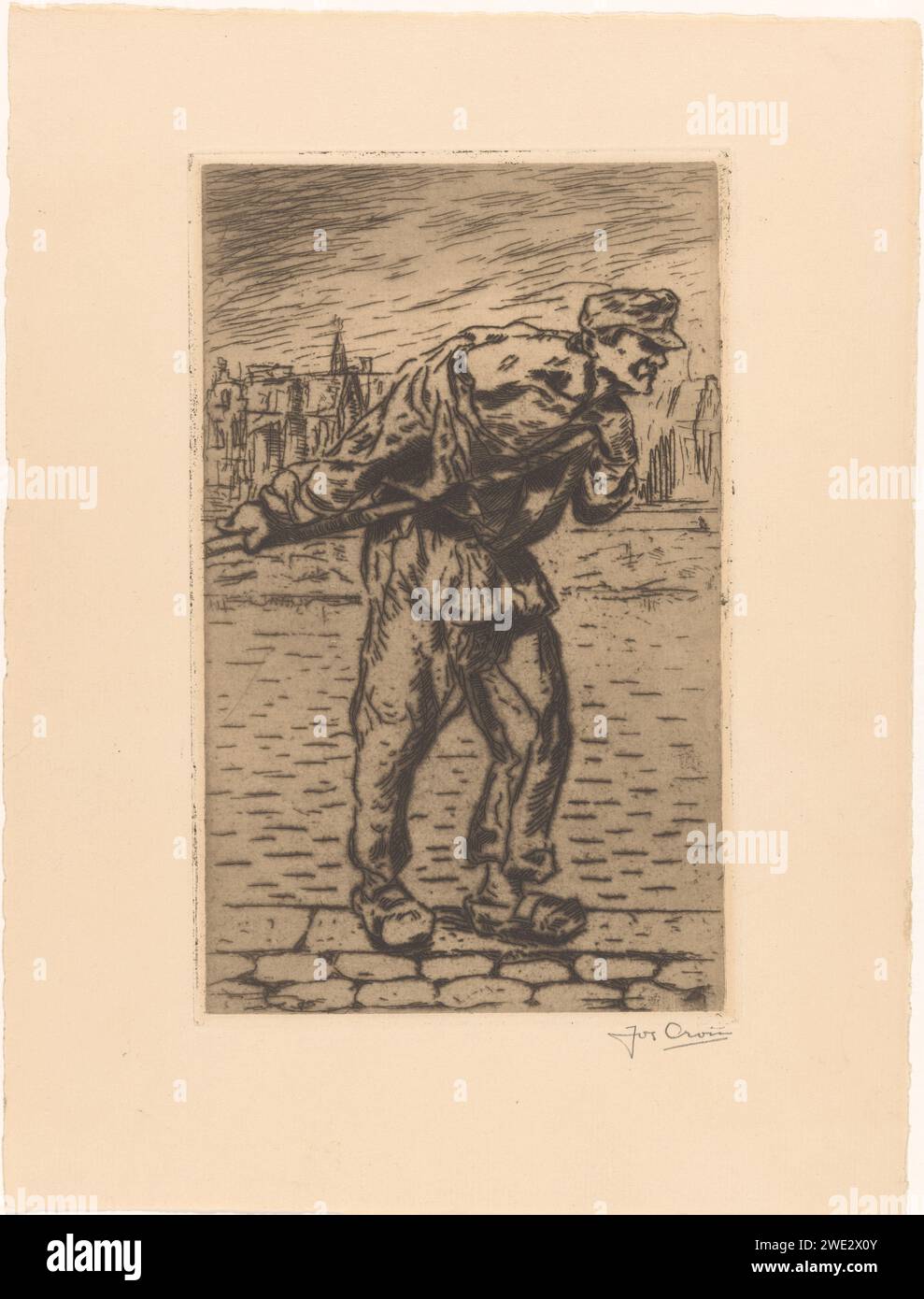 Dragging Man, Jos Croïn, 1904 - 1936 print A man on clogs pulls a little behind him on the street with a rope.  paper etching drawing, pulling something. wooden shoes, clogs Stock Photo