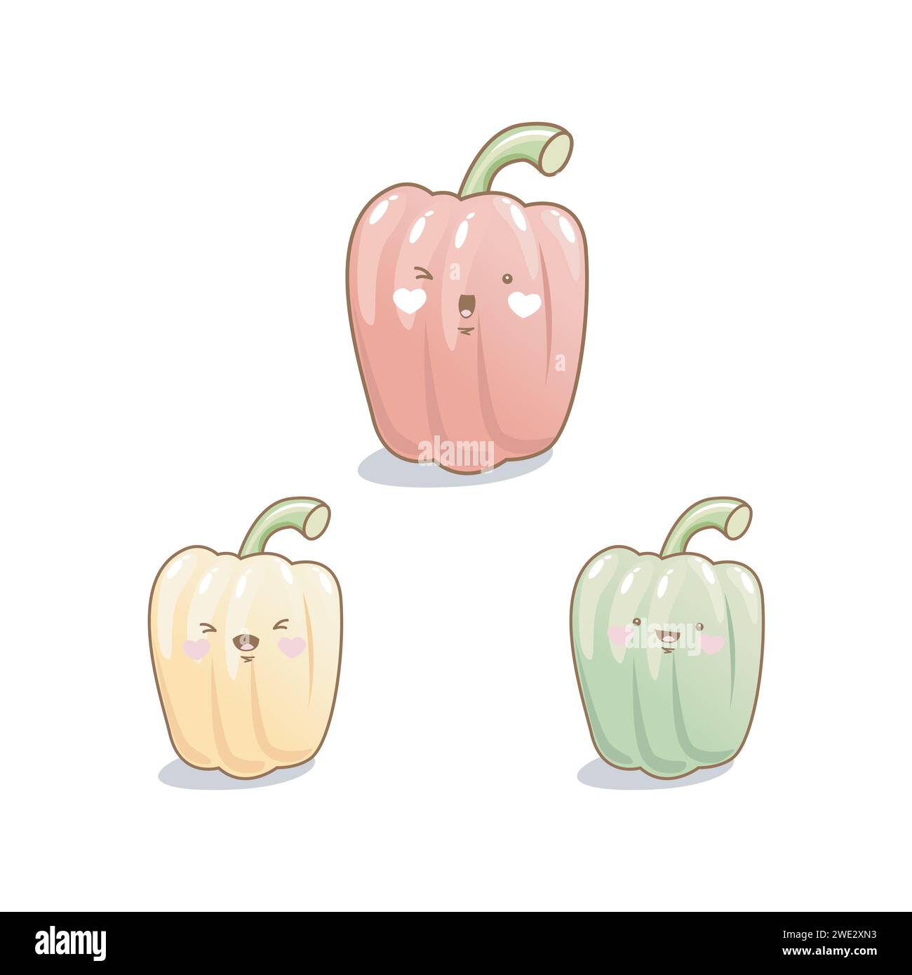 Cute funny bell pepper vegetable cartoon kawaii style, bell pepper vegetable mascots on white background vector illustration Stock Vector