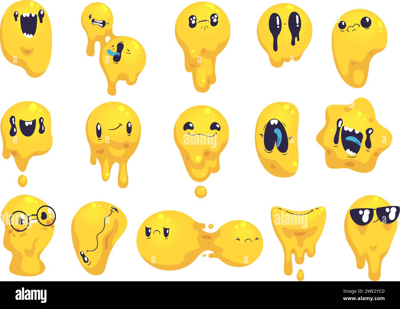 Melting smileys. Dripping smile face, weird smiling head melt facial