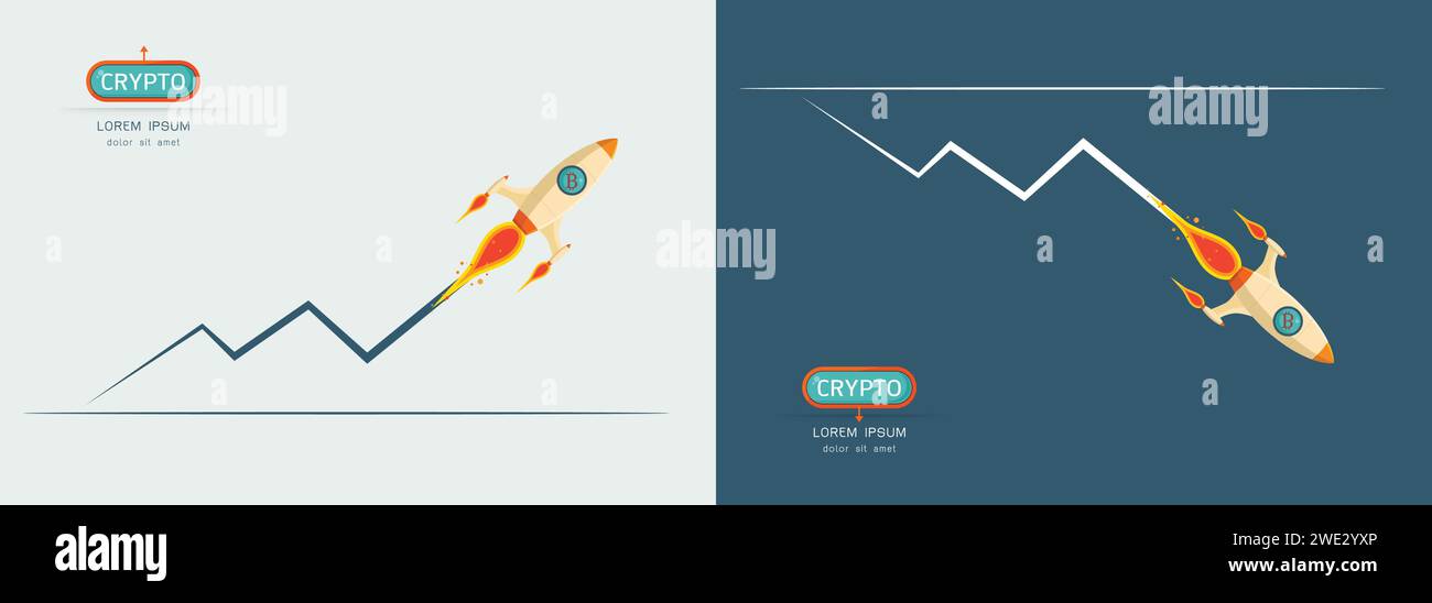 Bitcoin digital currency sign with rocket up and down on graph concept vector illustration Stock Vector