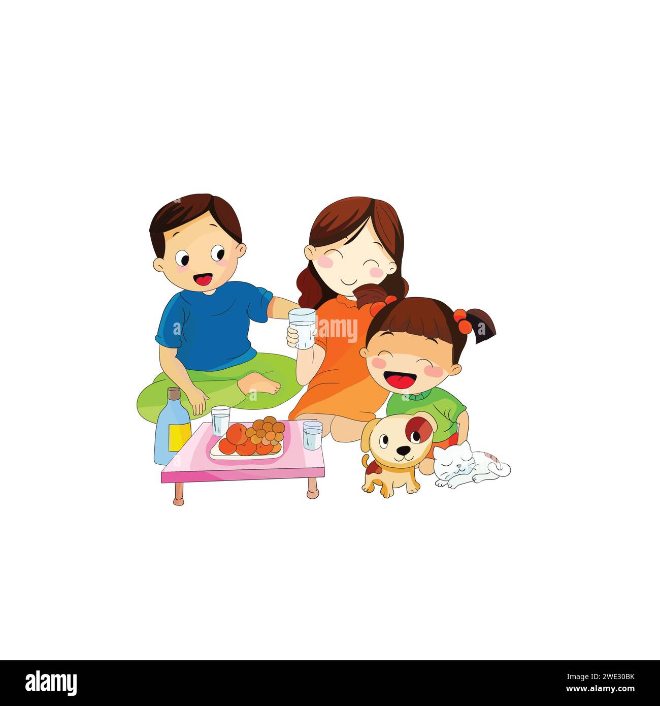 Lovely family eating fruite  with a pet isolated on white background vector illustration Stock Vector