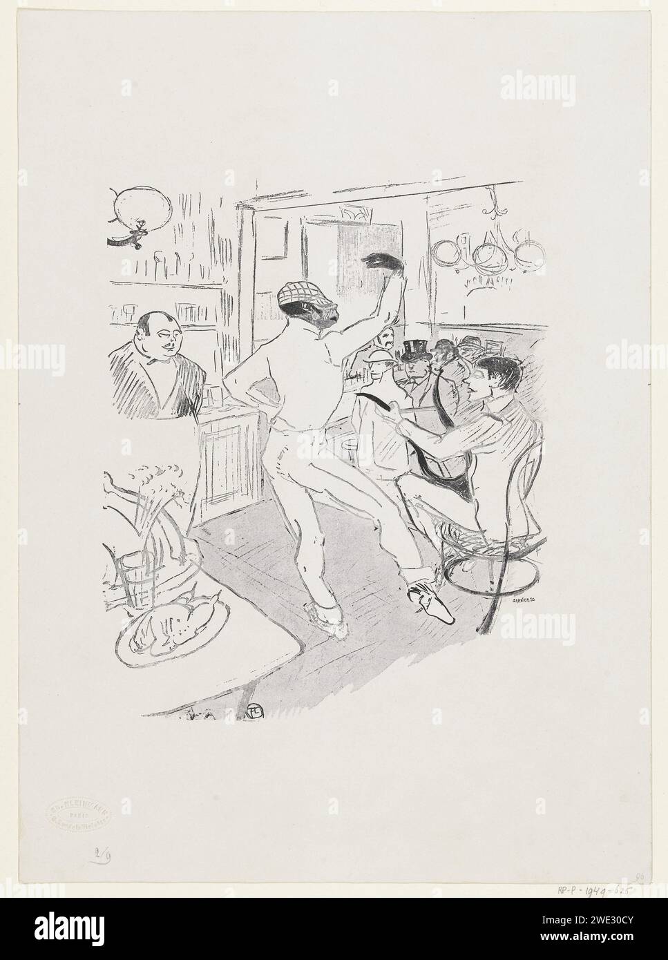 Portrait of dancing black clown chocolat in English bar in Paris, Anonymous, after Henri de Toulouse-Lautrec, 1896 photograph Portrait of the Black Clown Rafael Padilla, who performed under the artist's name Chocolat, dancing in the so -called English bar (Irish and American Bar) in Paris. He is thereby musically accompanied by his partner, the George Footit clown. On the left the bartender is known as Ralph or Randolphe. Paris paper  clown. art (+ performing  music) Paris Stock Photo