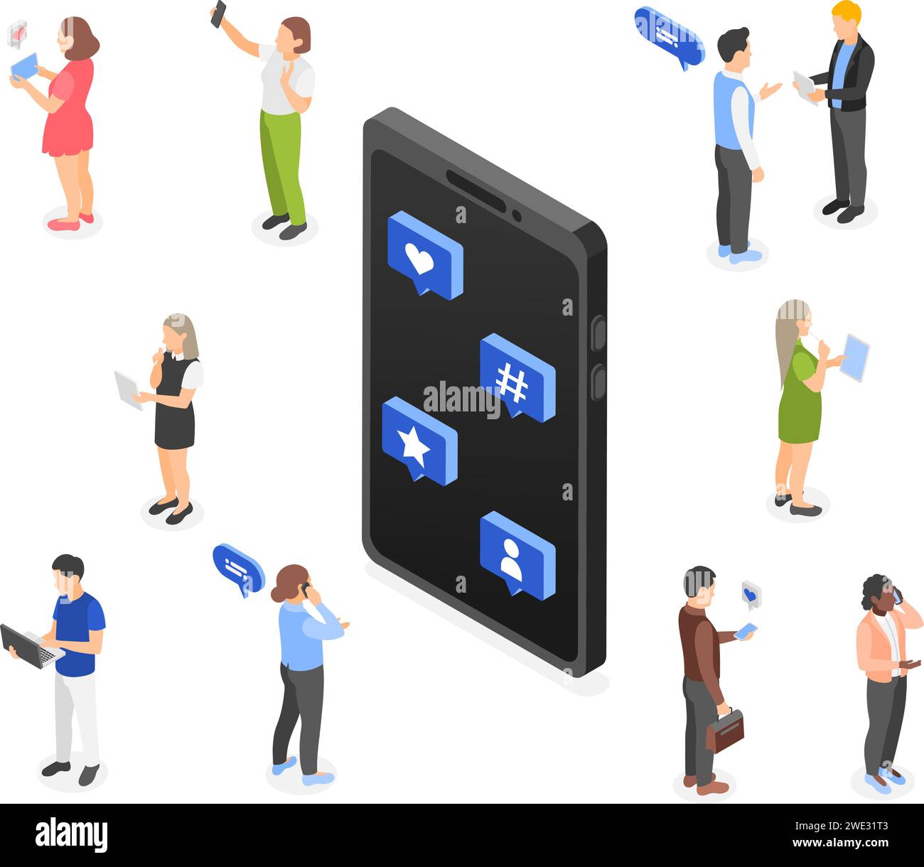 Isometric social media addiction. People crowd using gadgets, waiting likes and comments from online friends. Isolated characters and smartphone Stock Vector