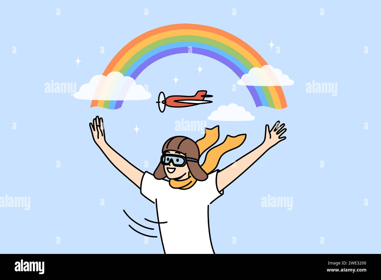 Boy in aviator hat dreams of becoming pilot and working as aviator, standing with hands spread out near rainbow in sky. Child pilot enjoys fantasies about future career in airline industry. Stock Vector