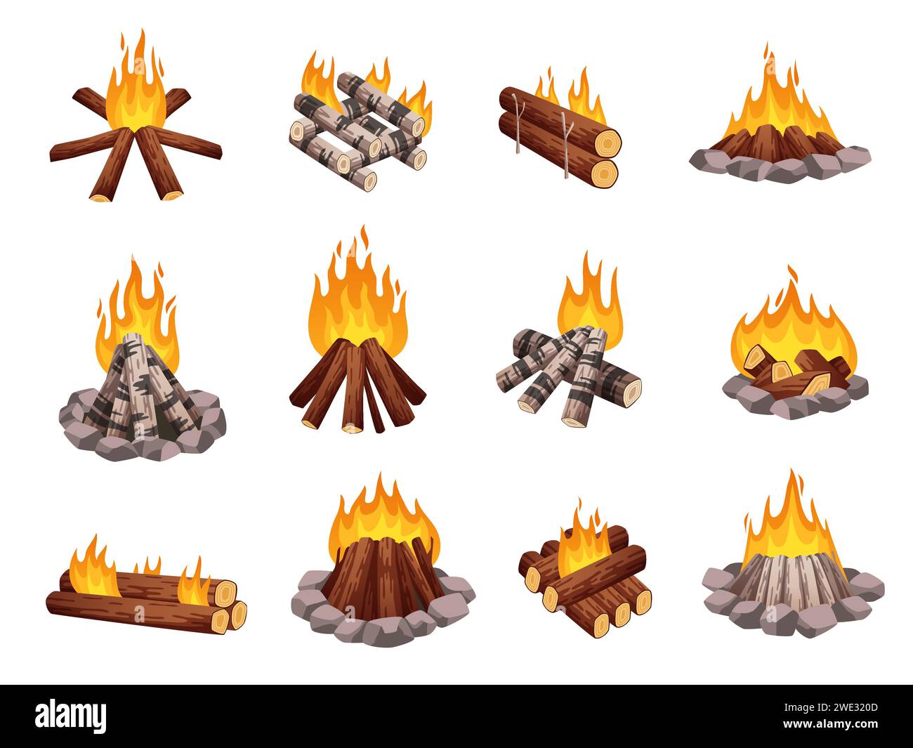 Bonfires types. Different ways of laying logs in campfires, woodpile made various trees, burning wood stack, flame igniting, cartoon flat isolated Stock Vector