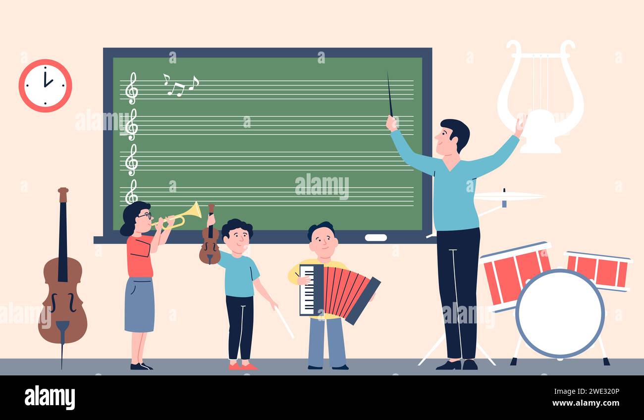 Music class for little children. Cute kids play musical instruments