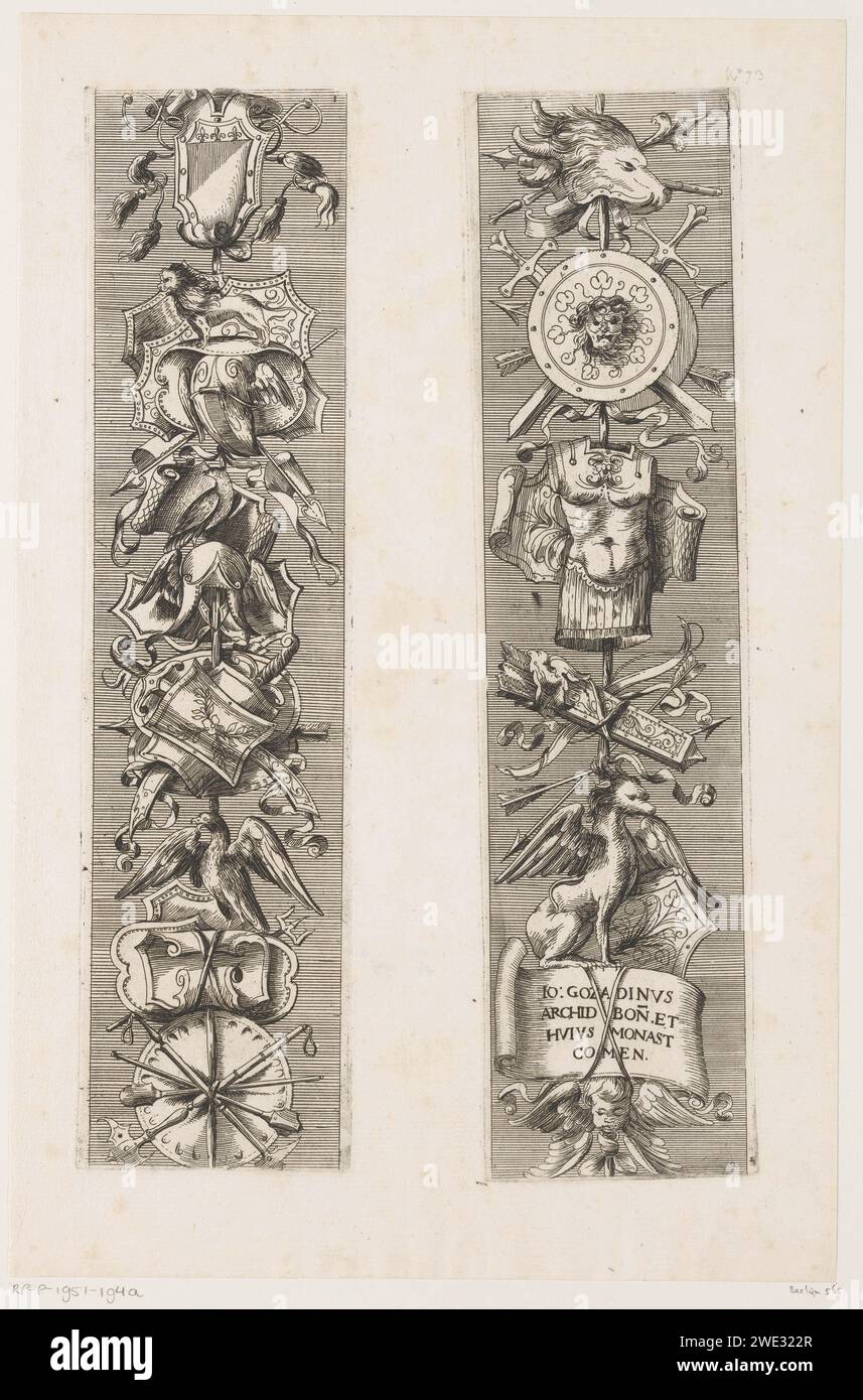 Two Kandelabers, Agostino Mitelli, in or after 1648 print Leaf with two performances of Kandelabers. On the left a candle slick with helmets, shields, a lion and an eagle. On the right a candelabria with a lion's head, a harness and a griffin. The left performance is above the right show. Together they form one Kandelaber. print maker: Italyafter drawing by: Italypublisher: Rome paper etching ornament  candlestick Stock Photo