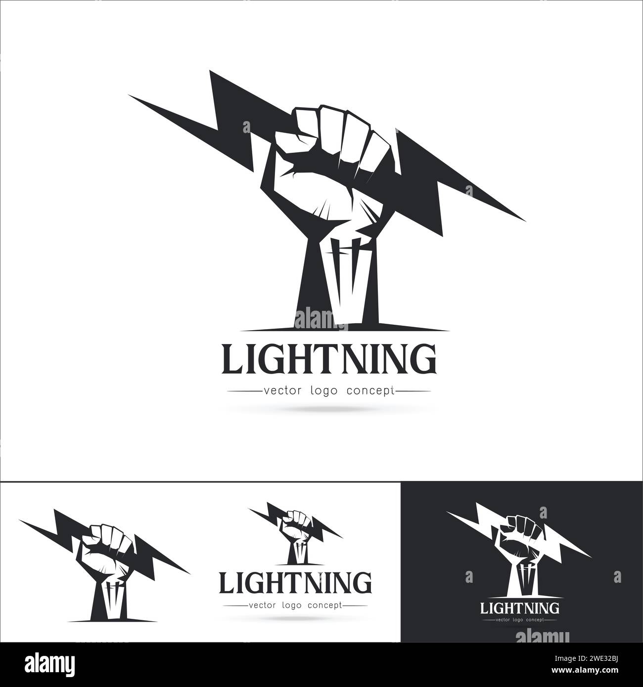 Set of Logo template Fist hand holding  thunder bolt. Zeus and power concept isolated on white background vector illustration Stock Vector