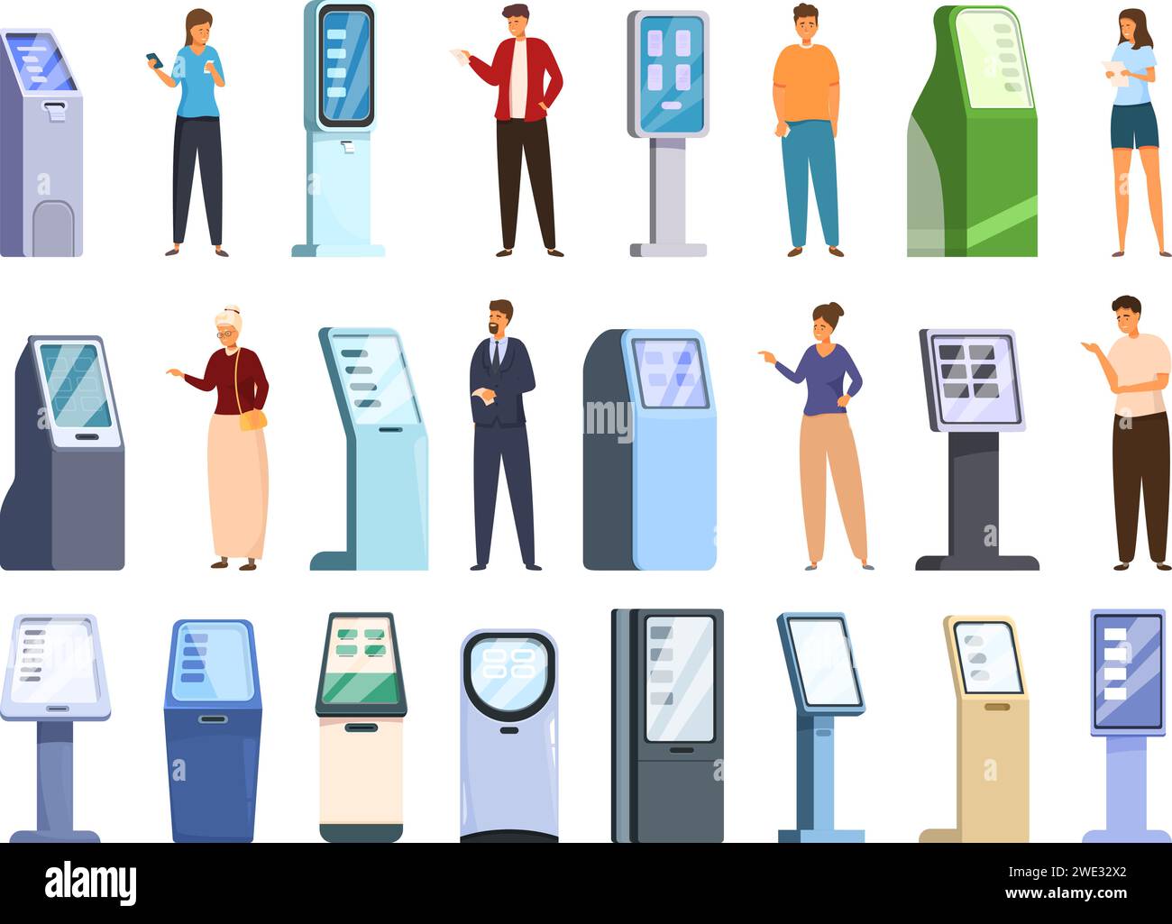 Electronic queue equipment icons set cartoon vector. Visitor ticket ...